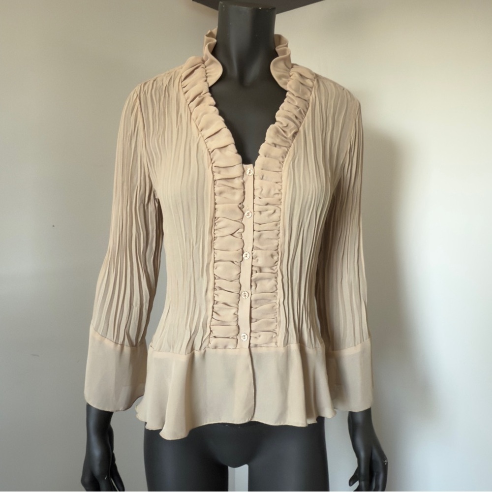198. Allison Taylor Ruffle Front Button Blouse Beige | Size XL